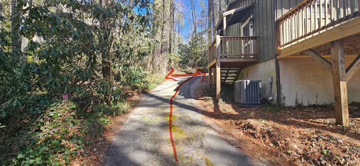 A wide view of the house exterior is framed by a winding driveway and tall trees. The tranquil, woodsy atmosphere highlights the home’s secluded yet accessible setting, ideal for walks and moments of inspiration between work sessions.